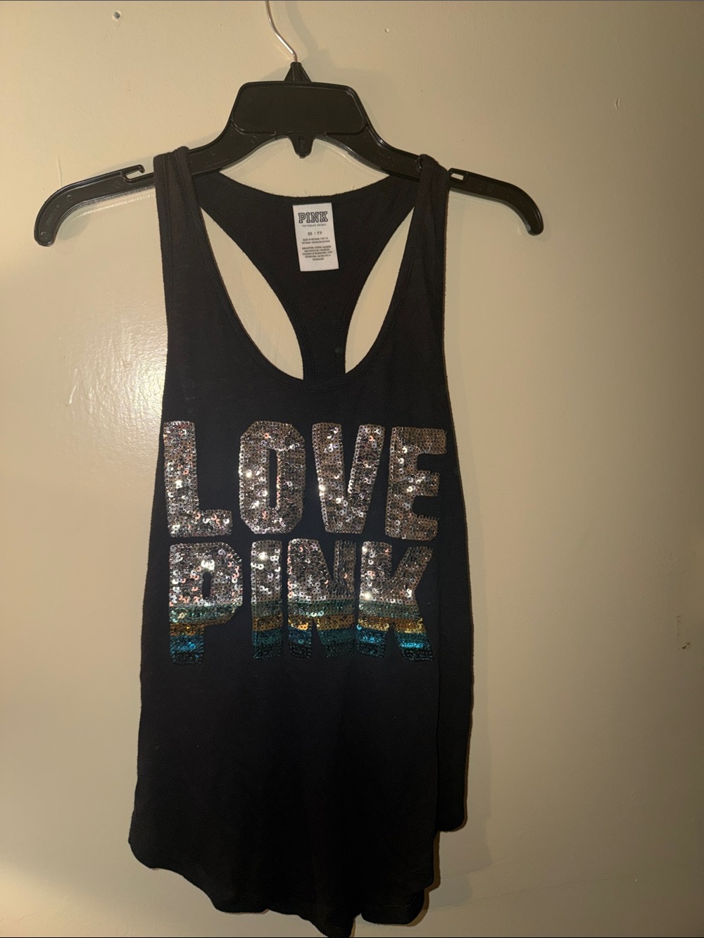 PINK Victoria's Secret Sequin 'LOVE PINK Victoria's Secret' Black Racerback Tank